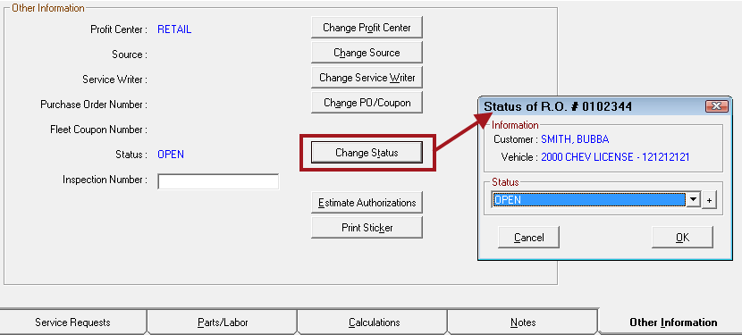 The Status window opened from the Change Status button.