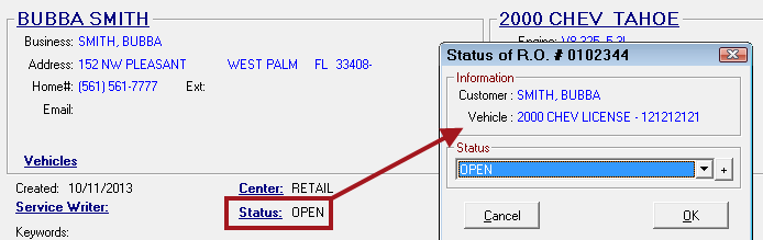 The Status window opened from the Status link.
