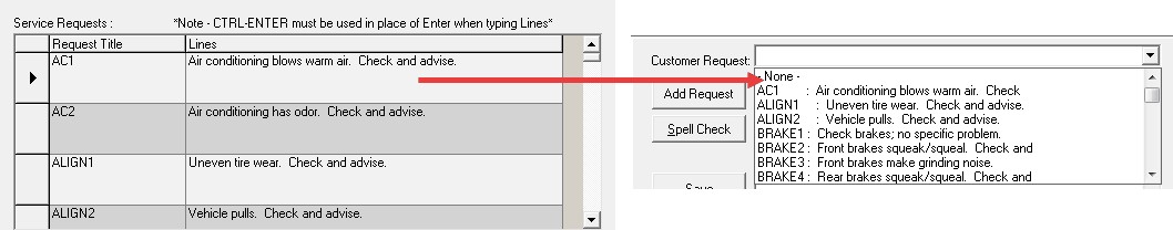 The bottom half of the service request options side by side with the customer request section.