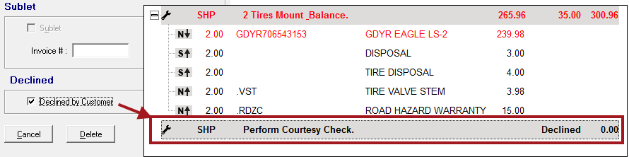 The labor declined on the Editing Labor window and in the Jobs section of the Parts/Labor tab.