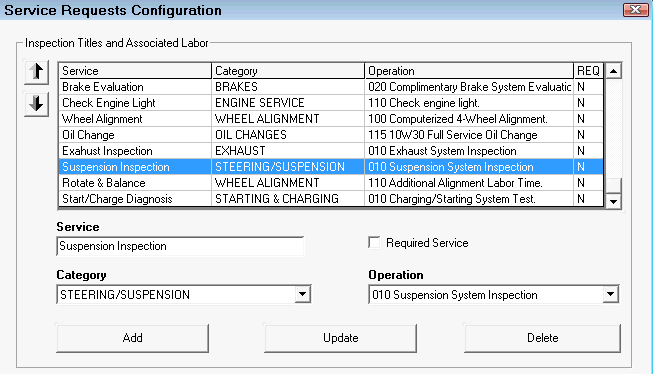 A service selected in the list and its details appearing in the fields below the list.