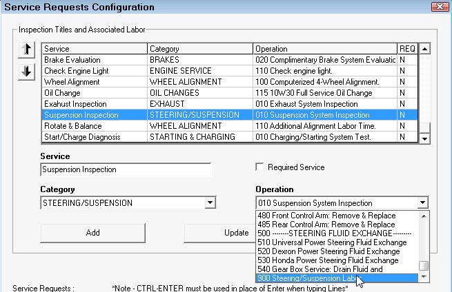 The Operation list explanded to show all labor operations in the selected category.