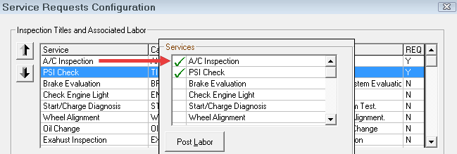 The Service area of the Service Request tab of a ticket over the list of service requests in configuration showing both in the same sequence.