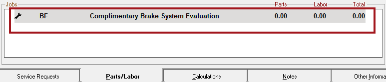 The service added as a labor in the jobs section of the Parts/Labor tab.