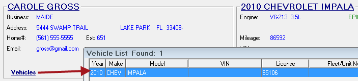 The Vehicle link pointing to the opened Vehicle List, which displays all vehicles associated with the customer.