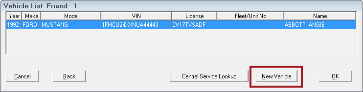 The Vehicle List showing one vehicle found and the New Vehicle button circled.