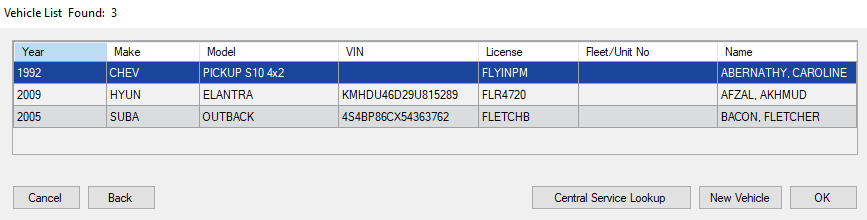 The Vehicle List window showing matching vehicles.