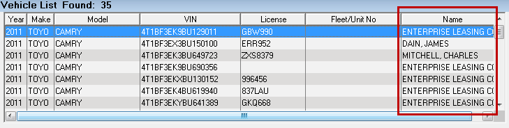 The Vehicle List showing a list of vehicles with the Name column circled.