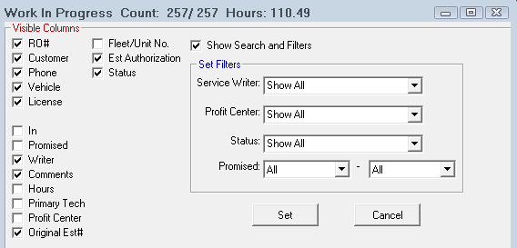 The Work in Progress settings window.