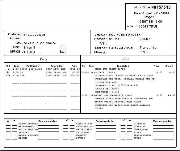 The printed work order with checklist.