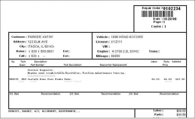 A printed repair order with a bar code in the top right corner.