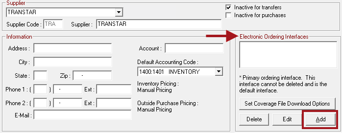 Transtar selected as the supplier and the add button circled.
