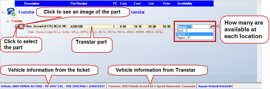 Search results for Transtar on the Smart eCat window.
