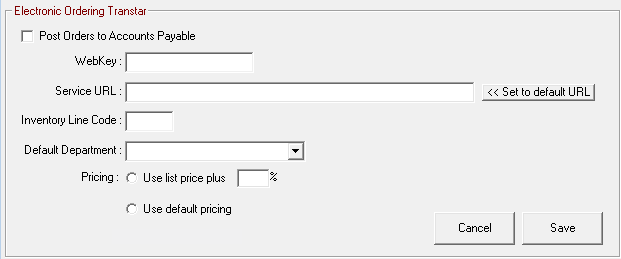 Transtar selected on the Electronic Ordering Interface window.