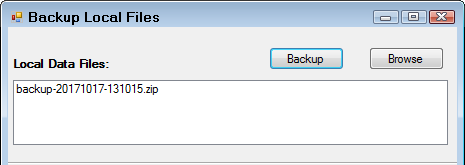 The Backup Local files window with the existing backup files in the top half of the window.