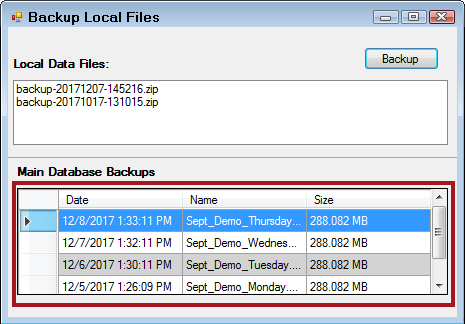 The main database backups section circled.