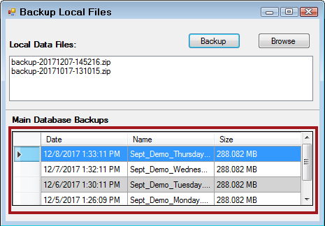 The main database backups section circled.