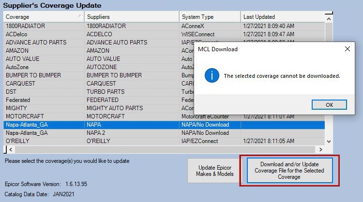 The MCL download message in Update Coverages notifying you that the NAPA coverage cannot be downloaded.