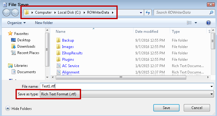 the ROWriterData folder with Rich Text Format selected as the Save As Type.