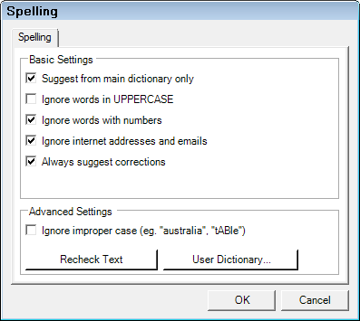 The Spelling options window.