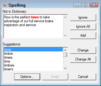 The spell check window showing a misspelled word and suggested replacement.