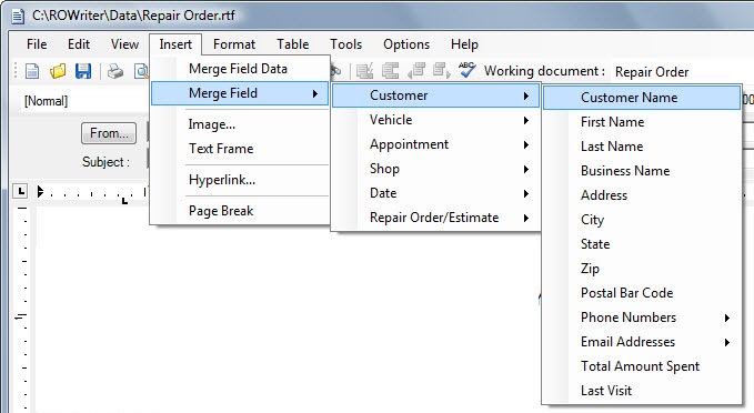 The Merge Field Customer menu.