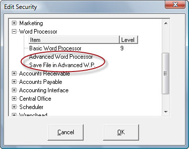 The security level entries for the Advanced Word Processor in Configuration.