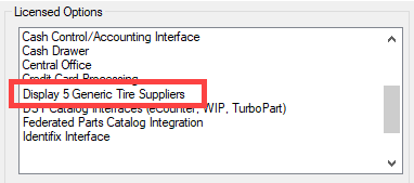 The Licensed Options section showing the generic tire supplier options in the list. 