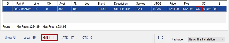 Search results for only the configured tire supplier. 