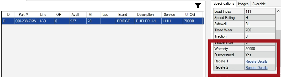 Rebate, discontinued, and warranty information in the specifications list. 