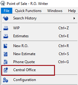 Central Office on the File menu on the main window.
