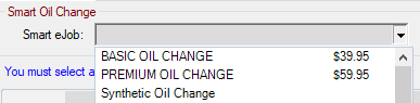 The Smart eJob dropdown list displaying package prices and blanks.