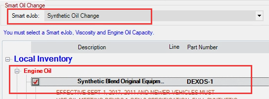 Recommened engine oils and matching Smart eJob selected.