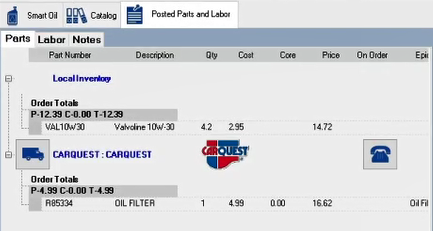 The Parts tab of the Posted Parts and Labor tab.