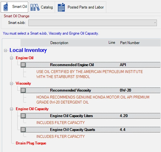 The oil specifications about the oil for the vehicle from Epicor on the Smart Oil tab.