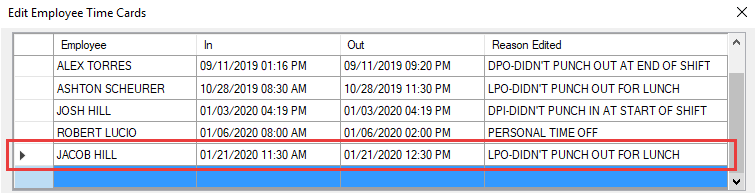 The new time card saved on the last completed line of the table.