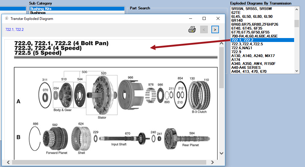 An exploded diagram opened from the Transtar Smart eCat window. 