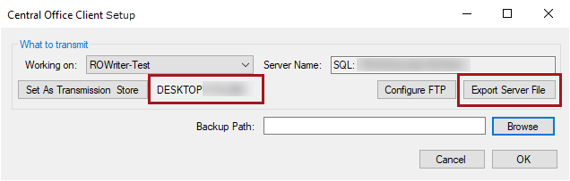 The Central Office Client setup window with the machine name. 