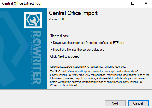 The Cetnral Office Import opening window.