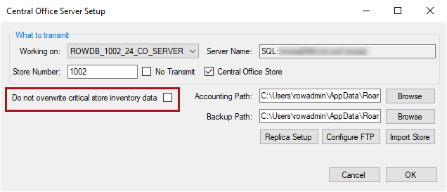 The Central Office server setup window. 