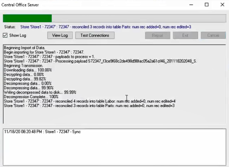 A transmision in progress on the Central Office Server window.