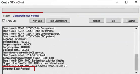 The store transmission complete on the Central Office Client window.