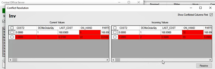 The Conflict Resolution window showing a conflict in the database.