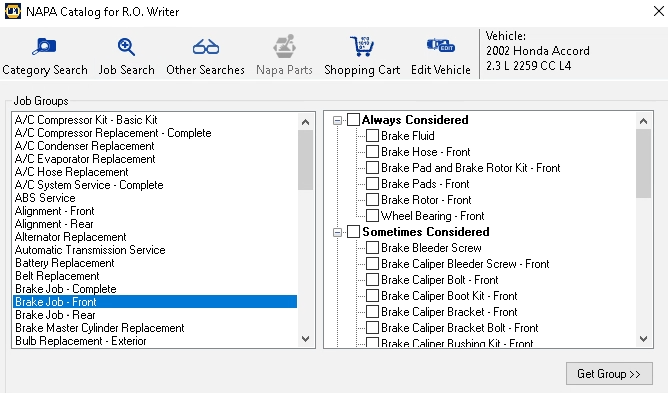 The list of job groups and associated parts. 
