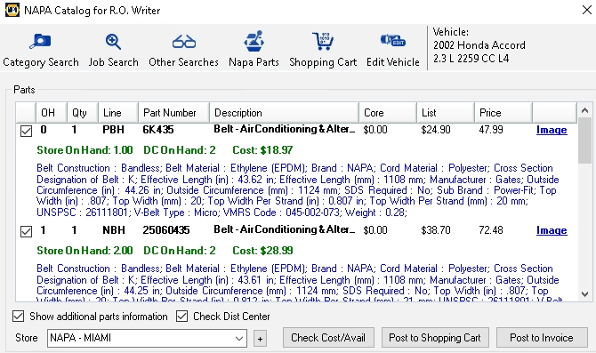 The parts results with the show additional information checked.