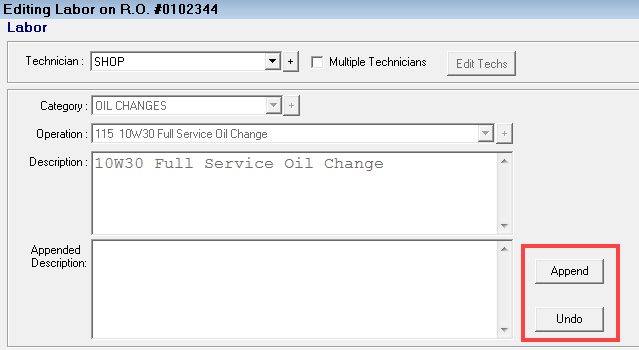 The Undo and Append buttons circled on the editing labor window of a locked labor.
