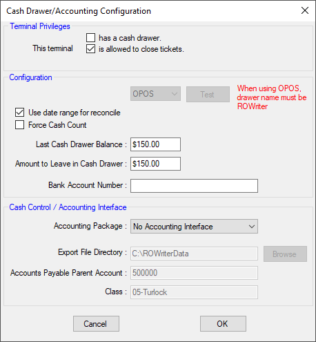 The Cash Drawer/Accounting Configuration window.