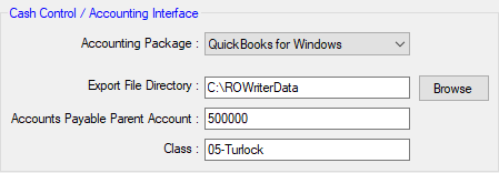 The Cash COntrol Accounting Interface Settings.