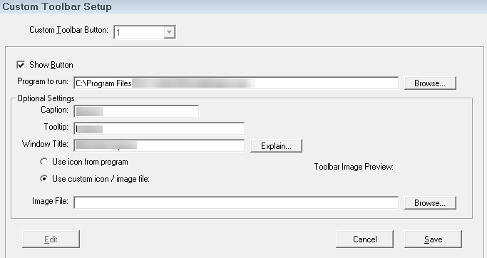 The Custom Toolbar Setup window with all entry fields active.