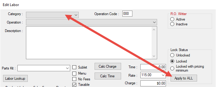 The Edit Labor window with no category or operation selected and the Apply to All button.